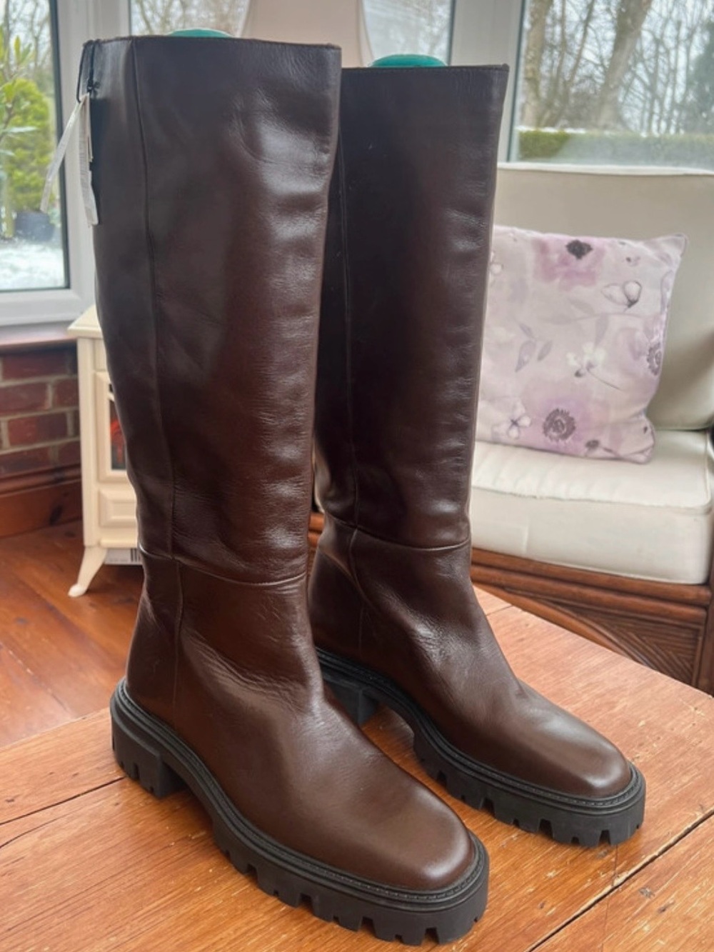 Zara iconic 100% leather Dark Brown knee high Lug Sole Boots
